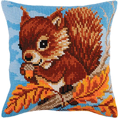 Collection d'Art 5270 Eichhörnchen mit einer Nuss Kreuzstichkissen, Baumwolle, Mehrfarbig, 40x40cm