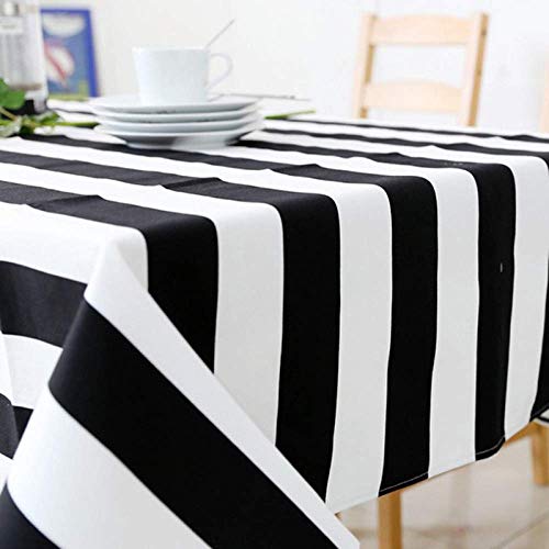 MFLASMF Weiß-schwarz gestreifte Tischdecke Rechteckige gepolsterte Leinwand Weiß-Schwarze Streifen 140 x 260 cm Weiße Kunststoff-Tischdecke Meterware
