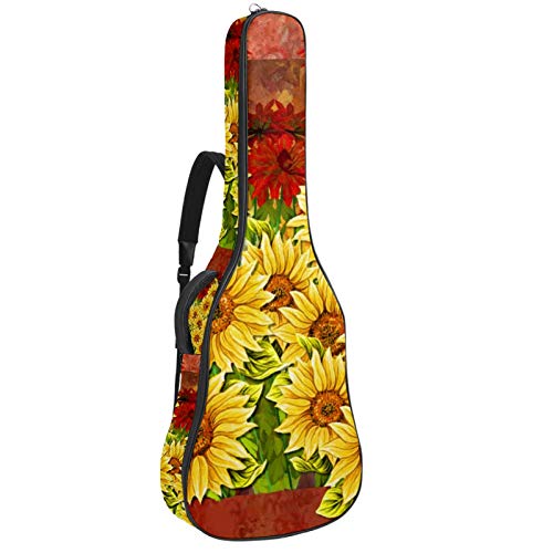 Gitarren-Gigbag, wasserdicht, Reißverschluss, weicher Gitarren-Rucksack, Bassgitarre, Akustik- und klassische Folk-Gitarren-Tasche, Sonnenblumen-Gelb / Rot