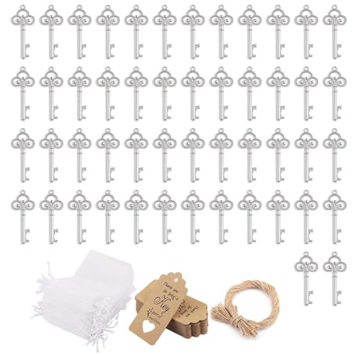 50 Sets Vintage-Schlüssel-Flaschenöffner mit Süßigkeitentüten, Dankeskarte für Gäste, Hochzeitsfeier, Souvenir, Brautjungfer, Partyzubehör