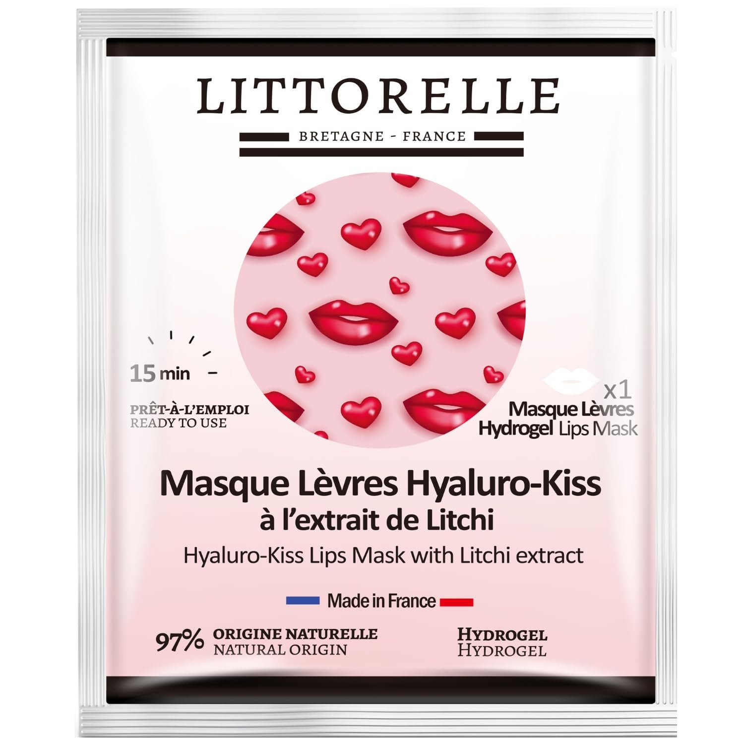Lychee Feuchtigkeitsspendende, Aufpolsternde und Anti-Aging Lippen Maske – Hydrogel Lippenpads mit 97% natürlichen Inhaltsstoffen - Made in Frankreich –Weiche und geschmeidige Lippen