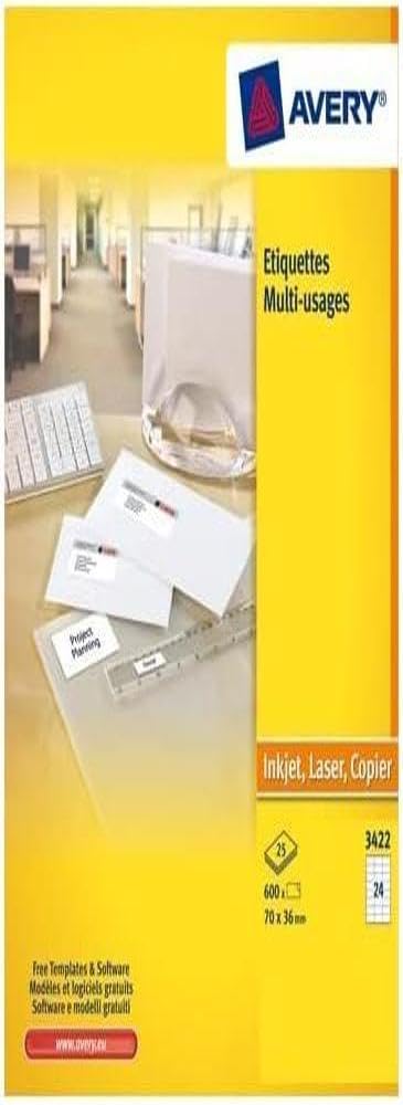Avery 3422–100 Weiß Multi Etiketten für Laser Tintenstrahldrucker und Kopierer 70 x 35 mm Box 2.400 Etiketten