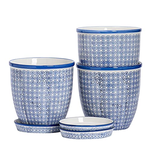 Nicola Spring Blumentopf mit Untersetzer - Porzellan - blaues Muster - Durchmesser 203 mm - Set mit je 3 Stück