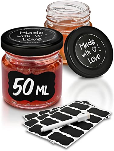 Praknu 48 Mini Gläser mit Deckel 50 ml - Mit Etiketten und Stift - Luftdichte Gläschen zum Verschenken - Für Marmelade und Honig