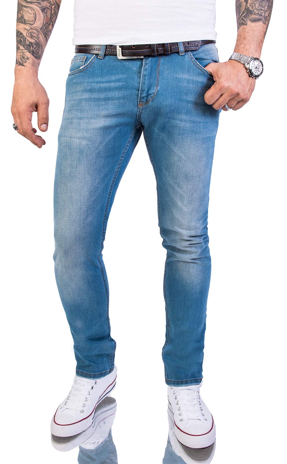 Rock Creek Herren Jeans Hose Slim Fit Stretch Jeans Herrenjeans Herrenhose Denim Stonewashed Hellblau Raw Used-Look Basic RC-2148 Stoneblue W33 L34