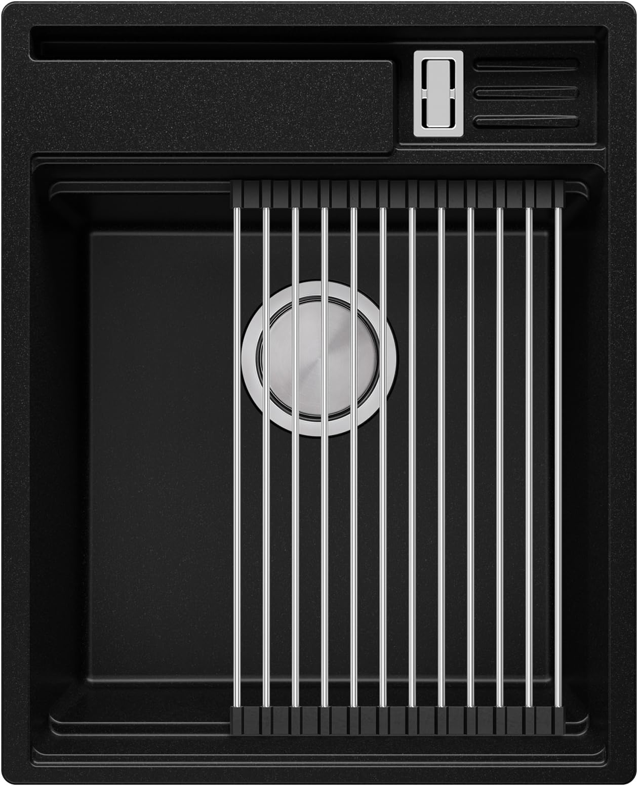 Granitspüle Schwarz 78x50 cm, Spülbecken + Ablauf-Set + Küchenarmatur 8000 + Aufrollbare Abtropffläche, Küchenspüle für 50er Unterschrank, Einbauspüle von Primagran