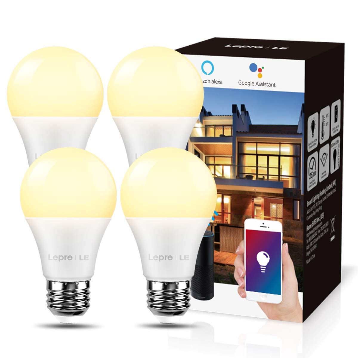 Lepro E27 Smart Lampe, 9W Smart Glühlampen WLAN LED Birnen WiFi LED Light Bulb 806LM Smart Home Lampen Dimmbare Birne, 2.4 GHz, Dimmbares Warmes Licht, Kompatibel mit Alexa Echo, Google Home, 4 Pack