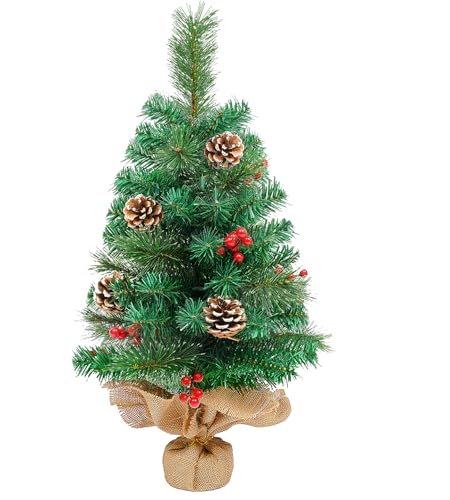 60 cm/2ft Künstlicher Tisch Mini Weihnachtsbaum mit Tannenzapfen, Roten Beeren, Grün Kiefernblattblätter, Leinen-Baumwolle und Zementbasis für Weihnachtsdekorationen