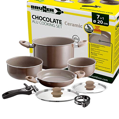 Brunner: Camping Kochgeschirr Keramik Topfset (Töpfe und Pfannen) - 7+1 teilig ø 20 cm Chocolate - 4 Personen, Stapelbar, Antihaft, Leicht, Hochwertig