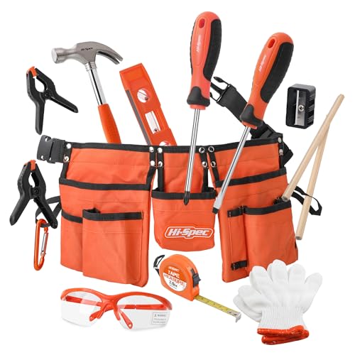 Hi-Spec Kinderwerkzeug. Echtes Werkzeug in Kindergröße Hammer, Schraubenzieher, Schutzbrille, Handschuhe in einem Orangen Werkzeuggürtel