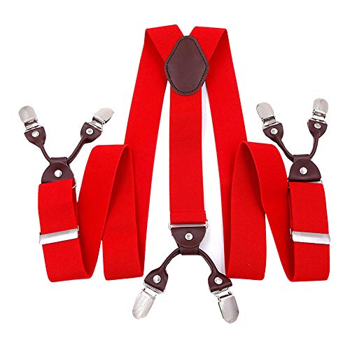 Panegy Herren Hosenträger Y-Form Stil 6 Stabile Clips 3.5cm Breite Retro Knopf Männer Hosenträger mit Leder Elastisch und Längenverstallbar - Rot