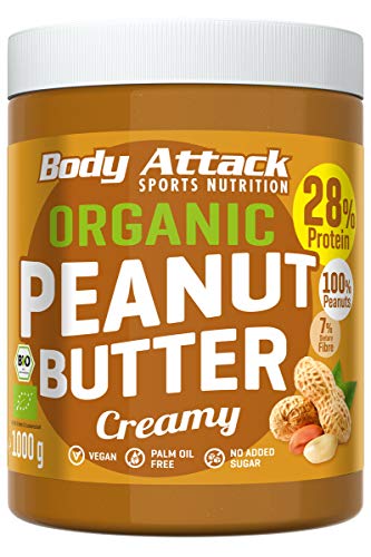 Body Attack Organic Peanut Butter Creamy 6 x 1 kg, 30% Protein ohne Zuckerzusatz mit Stückchen Peanut Butter