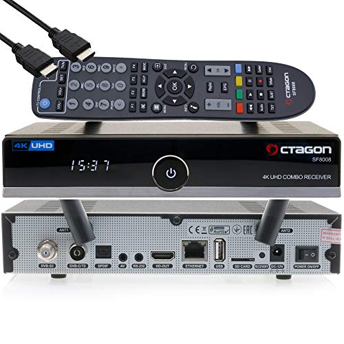 OCTAGON SF8008 4K UHD HDR HYBRID Sat- Kabel- Terrestrisch- Festplattenreceiver 1xDVB-S2X + 1x DVB-C/ T2 - E2 Linux TV Box, PVR Receiver über USB - inklusive EasyMouse HDMI-Kabel und Dual WLAN