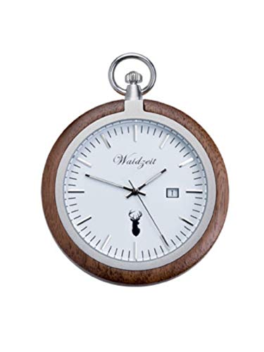 Waidzeit TW01 Alpin Walnuss Taschenuhr Uhr Herrenuhr Holz Analog Datum Weiss