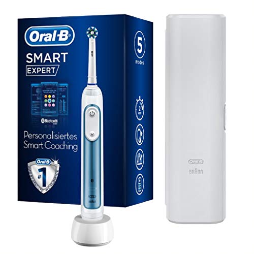 Oral-B Smart Expert Elektrische Zahnbürste, für personalisierte Zahnreinigung, mit 2. Handstück und Reise-Etui, blau.