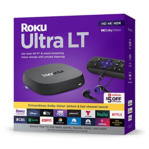 Roku Ultra LT (2023) HD/4K/HDR Dolby Vision Quad-Core Streaming Player with HDMI Cable, Headphones, Voice Remote w/Private Listening, Ethernet