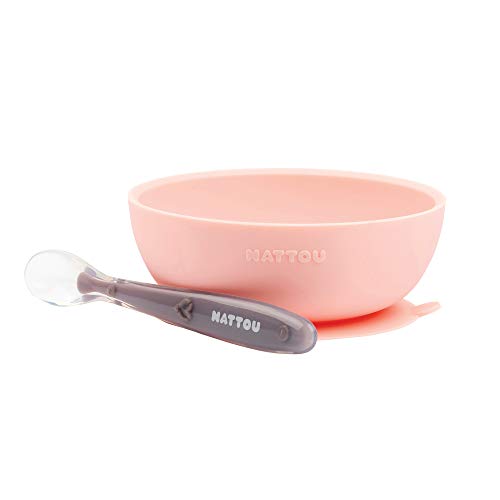 Nattou Silikon-Geschirr für Kinder, Rutschfeste Schale + Löffel, BPA-frei, Silicon, Rosa/Lila
