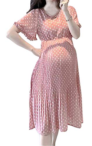 Damen Casual Umstandskleid s Bedrucktes Gepunktet Chiffonkleid Elegante Sommerkleid Kurzarm Schwangerschaftskleider Loose Printkleid Trendiger (Color : Pink, Size : XL)