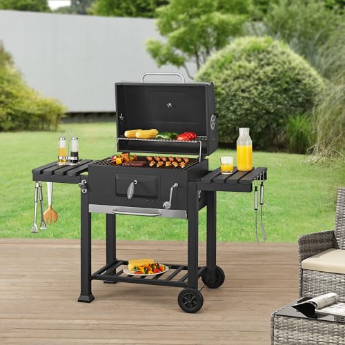 casa.pro Grillwagen Arnad Holzkohlegrill mit Deckel BBQ Kohlegrill mit Grillrosten Gartengrill 2 Räder Deckelthermometer aufklappbare Ablagen 105x135x47,5cm Schwarz