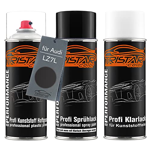 TRISTARcolor Autolack Spraydosen Set für Kunststoff Stoßstange für Audi LZ7L Lavagrau Perl/Lava Grey Perl Haftgrund Basislack Klarlack mit Weichmacher Sprühdose