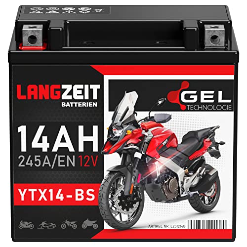 LANGZEIT YTX14-BS Motorradbatterie 12V 14Ah 245A/EN Gel Batterie 12V doppelte Lebensdauer entspricht 51214 YTX14-4 CTX14-BS GTX14-BS vorgeladen auslaufsicher wartungsfrei