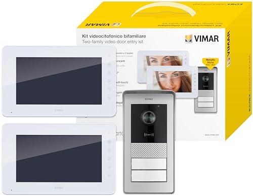 VIMAR K42931 Zweifamilien-Kit, Video-Türsprechanlage mit kapazitiver Tastatur, RFID-Nummernschild mit 2 Tasten, 2 Netzteile 40103, 4-Wege-Bus-Verteiler, Befestigungsklammern