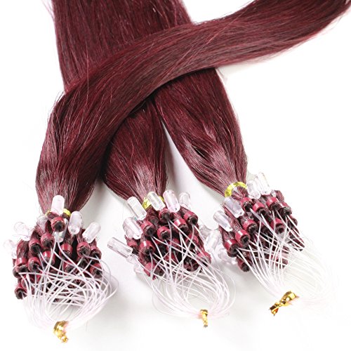 hair2heart 25 x 1g Echthaar Microring Loop Extensions, 50cm - glatt - #99j burgundy - Loops Haarverlängerung