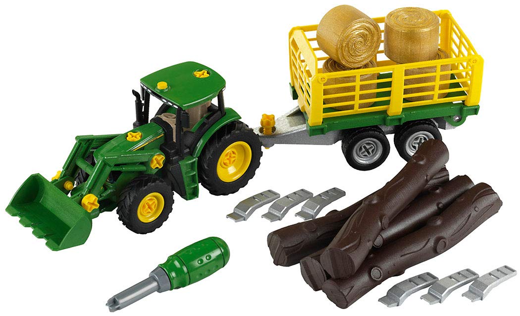 Klein Theo 3906 John Deere Traktor mit Holz- und Heuwagen I Schraubset inkl. Schraubendreher I Maße: 47 cm x 10,50 cm x 12 cm I Spielzeug für Kinder ab 3 Jahren