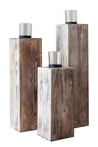 3er Set Windlicht Windlichtsäule Kerzenhalter Säule Recycling Holz Lumira 60/76/86 cm hoch Shabby Chic Weiß