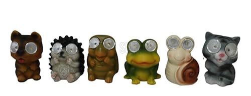 vom Pullach Hof Solartiere Garten LED Deko Tiere 6x9cm Hund Igel Schildkröte Frosch Schnecke und Katze im 6er Set für Garten Fensterbank Dekoration