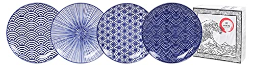 TOKYO design studio Nippon Blue 4-er Teller-Set blau-weiß, Ø 16 cm, ca. 2 cm hoch, asiatisches Porzellan, Japanisches Design mit geometrischen Mustern