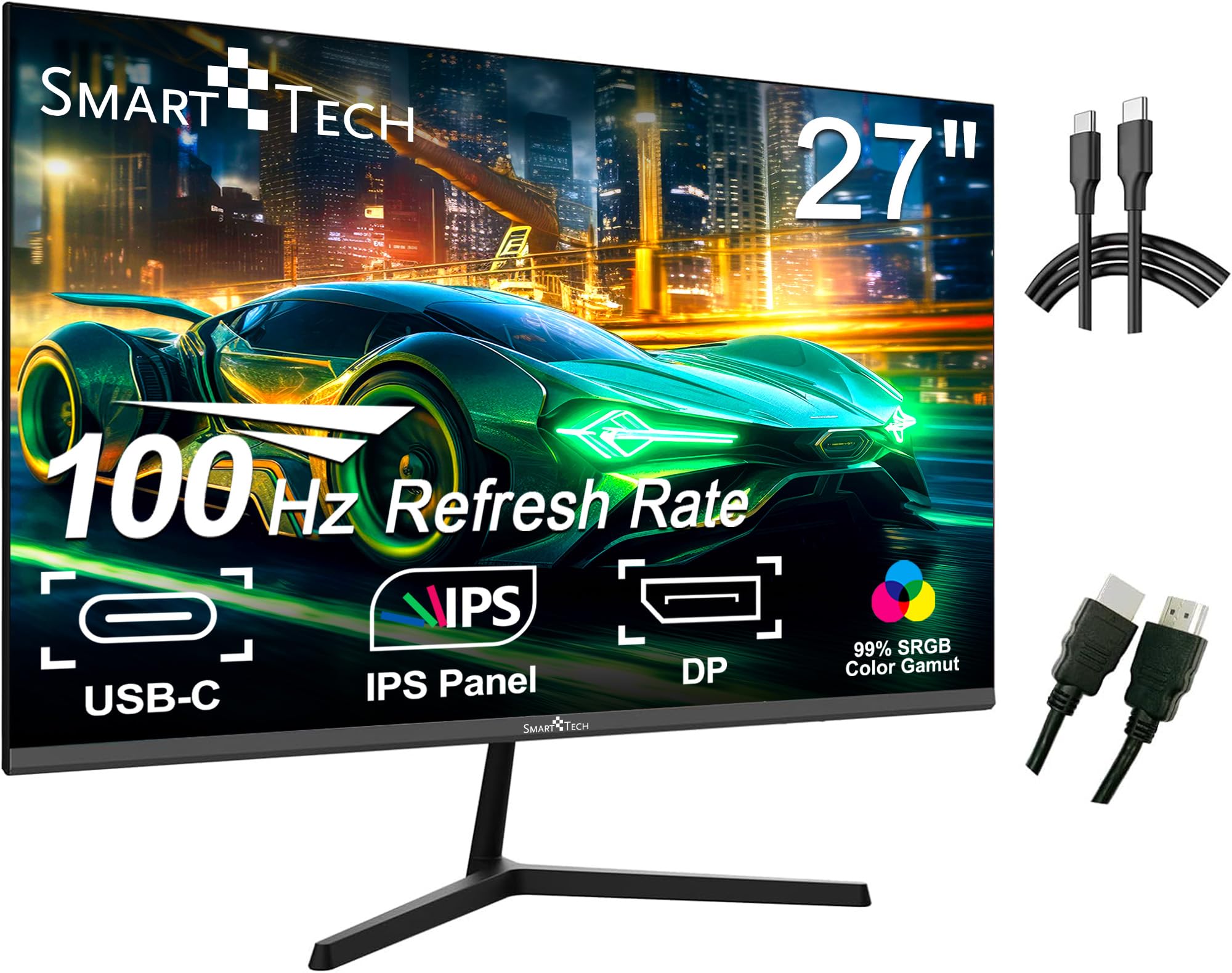 SMART TECH Monitor: 27 Zoll, 100 Hz, IPS-Panel, FHD, HDMI, DP, Type-C, Augenkomfort, Neigung verstellbar für Arbeiten und Spielen, 270N02XIF (Type-C- und HDMI-Kabel enthalten)