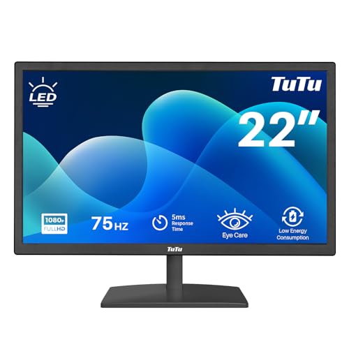 TUTU 22 Zoll LED Monitor Full HD 75HZ 5ms Eye Care (1920 x 1080, VGA HDMI VESA 100 * 100mm) Flimmerfrei Blaulichtfilter Niedriger Stromverbrauch Monitor für PC Home Office Schwarz