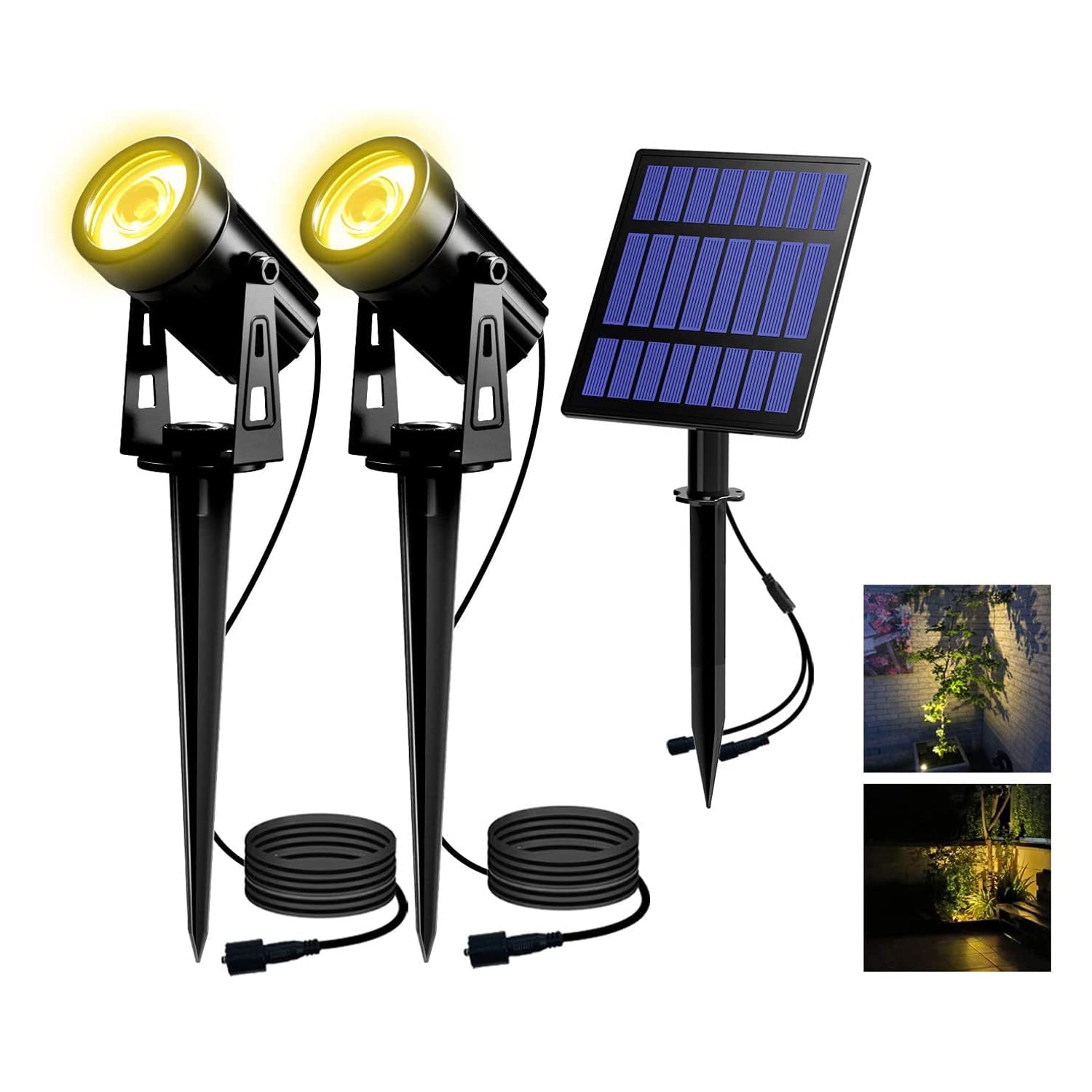T-SUN Solar Gartenleuchte, 2 Stück Solarstrahler Solarlampen für garten, IP65 Wasserdicht LED Solarlampe mit 2 Helligkeitsstufe, 3 Meter Kabe,Auto-on/off für Bäume,Sträucher,Gartenweg(3000K Warmweiß)
