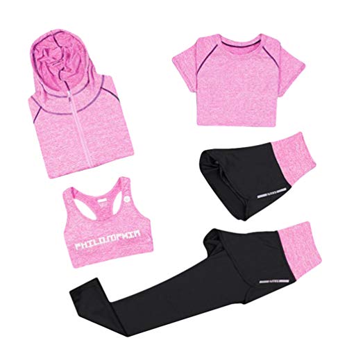 Xinwcang Damen Yoga Kleidung Anzug 5er-Set Gym Fitness Kleidung Set Schnell trocknend Lauf Jogging Trainingsanzug Rosa 2XL