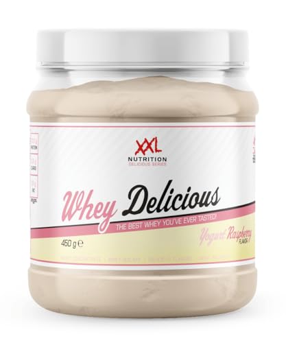XXL Nutrition - Whey Delicious Protein Pulver - Leckerste Shake - Eiweiss Pulver, Whey Protein Isolat & Konzentrat - Hohe Qualität - 78,5% Proteingehalt - Himbeer Joghurt - 450 Gramm