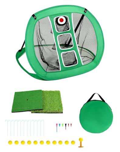 QWORK Pop-Up-Golf-Chipping-Netz, 78,7 x 66 cm, Golf-Übungsnetz mit 2 Golfmatten und 12 Trainingsbällen und Golf-Tees Zubehör, zusammenklappbares tragbares Golfschlagnetz