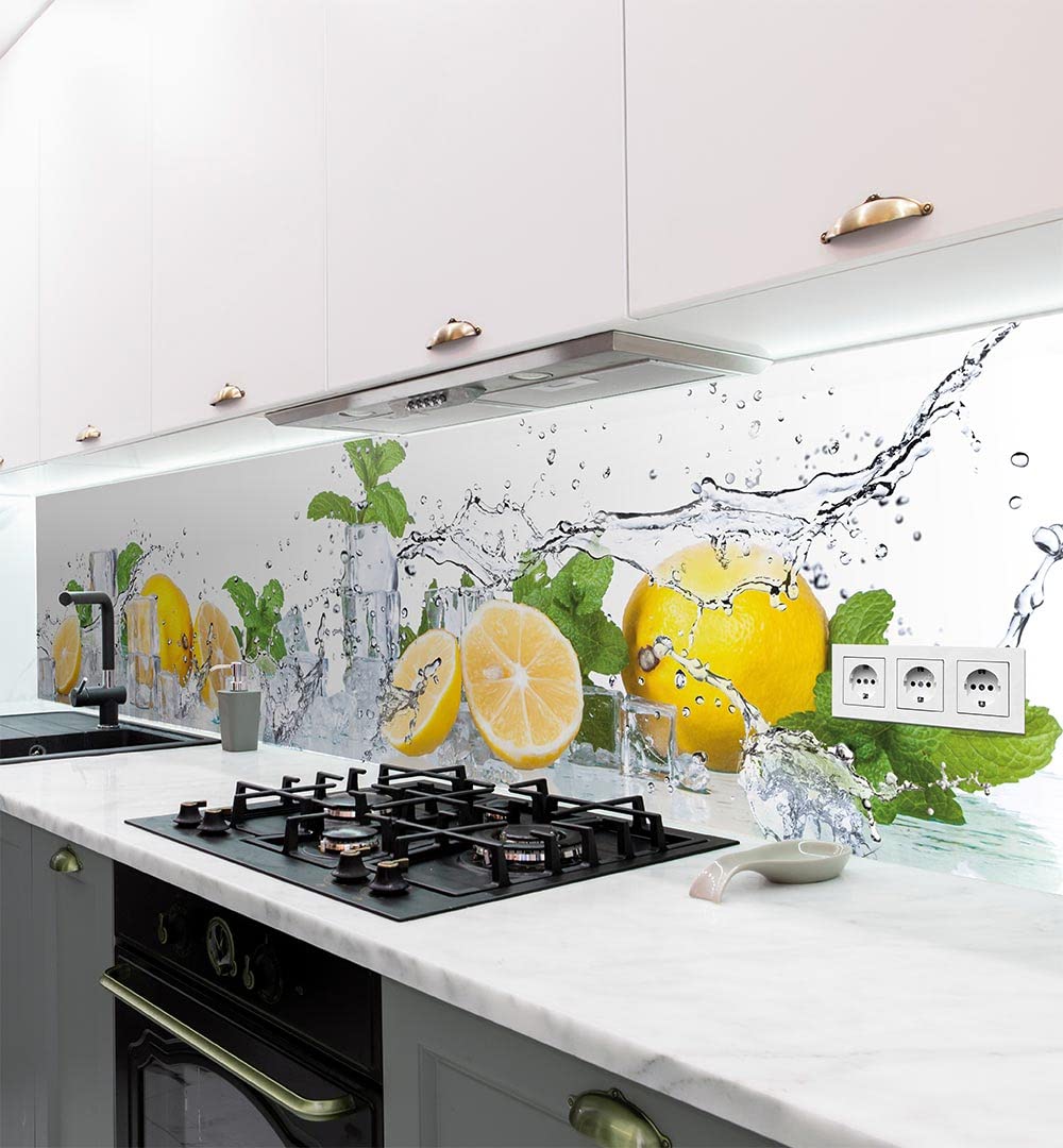 MyMaxxi - Selbstklebende Küchenrückwand Folie ohne Bohren - Motiv Zitrone - 60cm hoch - Klebefolie Wandbild Küche - Wand-Deko – Obst Blätter 120 x 60cm
