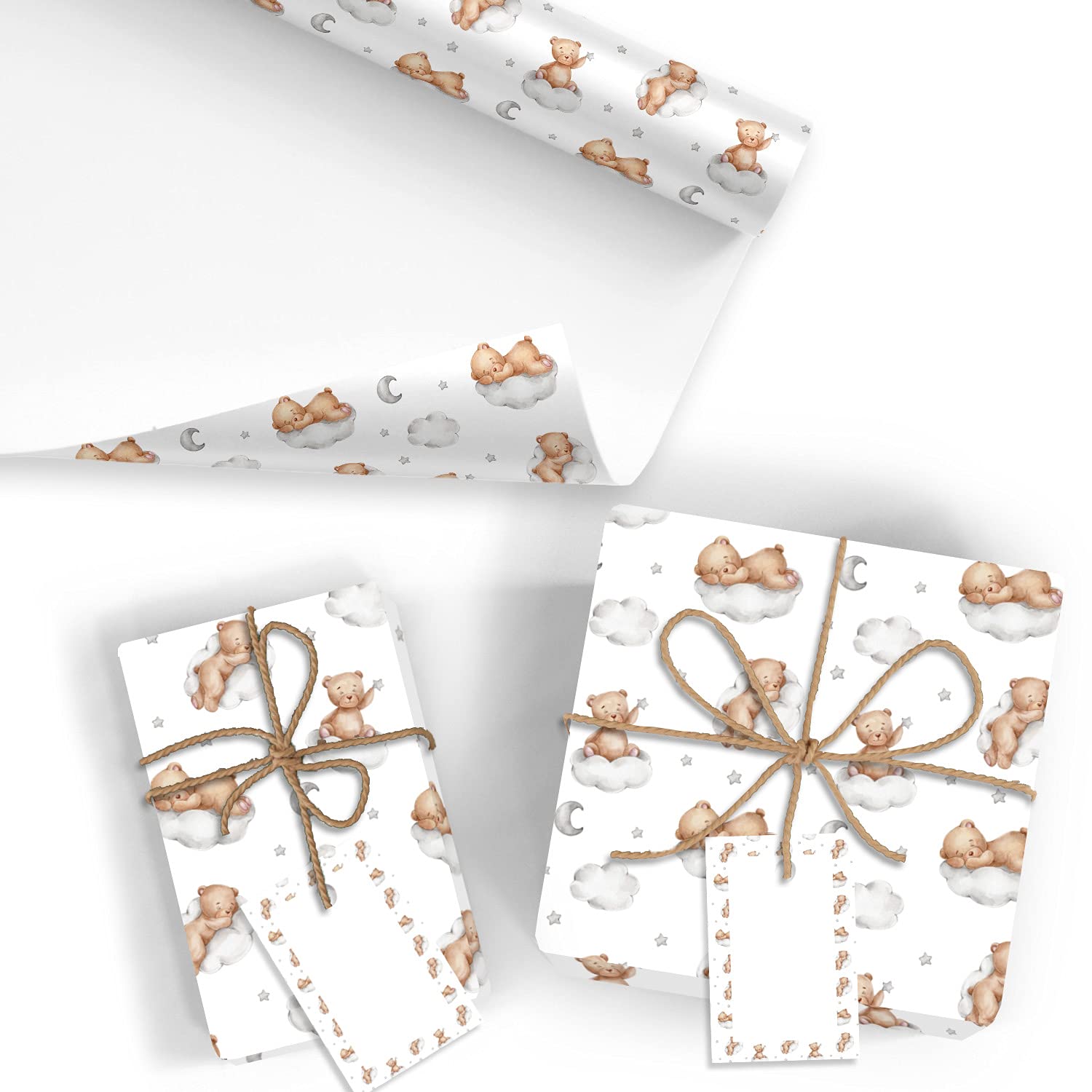 20x Geschenkpapier für Baby/Kind Motiv Bär - 20 große Bogen je 70 x 100 cm - verpackt als eine Rolle - inkl. Passende Geschenkanhänger - Umweltfreundliche Geschenkverpackung - Marke Neuser