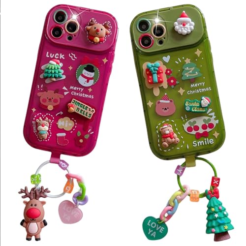 Christmas Tree Pendant Flip Mirror Case Cover for iPhone Christmas Tree Phone Case with Pendant 2023 New Christmas Phone Case with Pendant and Flip Mirror for iPhone (14,Green+Red)