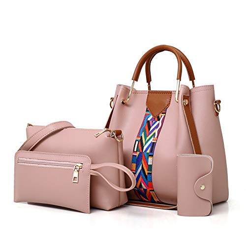 AlwaySky Damen Handtaschen Set 4 in 1 weiche PU Leder Top Griff Tasche, Einkaufstasche, Umhängetaschen Umhängetasche Geldbörse Set (Pink)