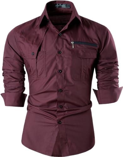 jeansian Herren Freizeit Hemden Shirt Tops Mode Langarmshirts Slim Fit 8371 WineRed XL