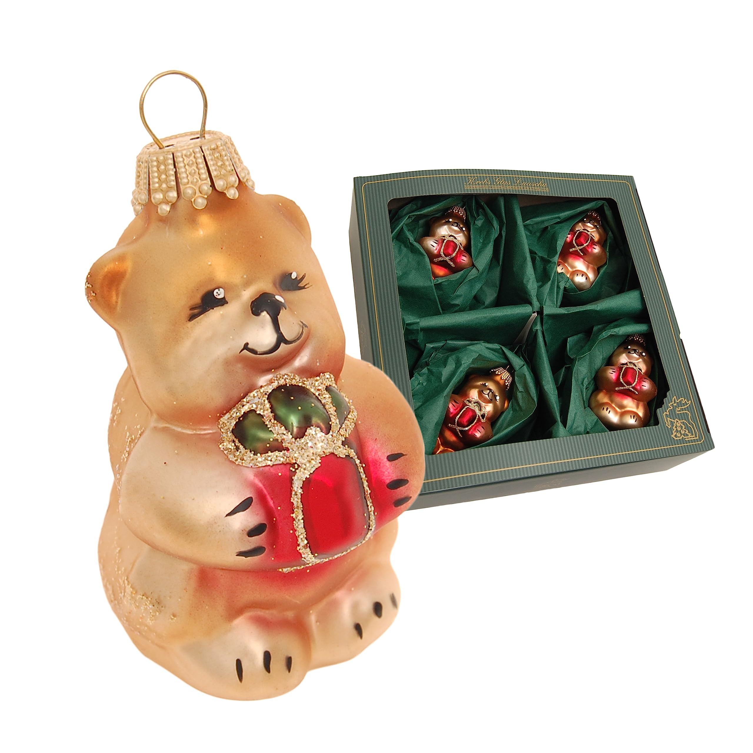 Krebs Glas Lauscha - Christbaumschmuck/Weihnachtsbaumanhänger aus Glas - Kleiner Bär - Menge: 4 Stück - Farbe: Braun - Motiv: mit Geschenk - Größe: 7 cm