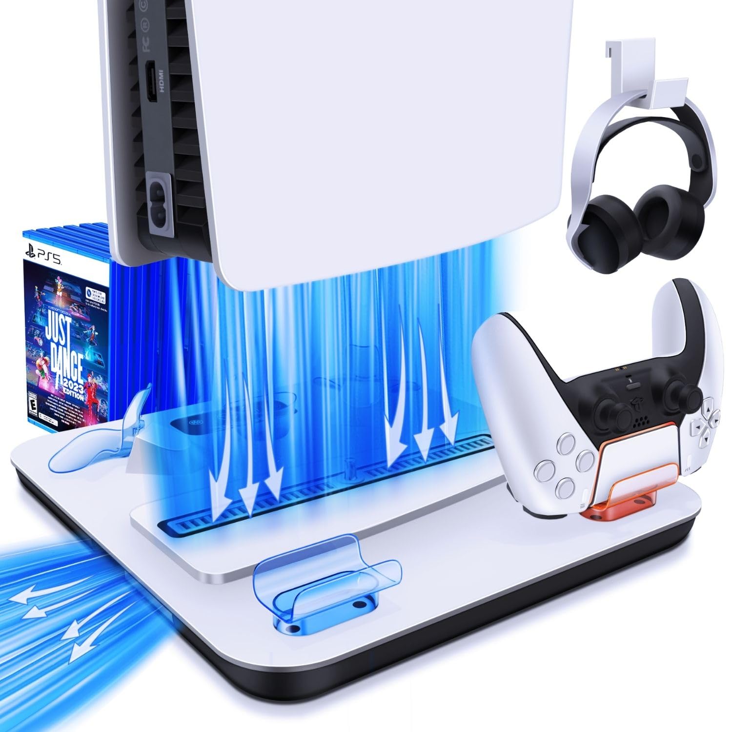 TNP Kühlständer für Playstation 5 mit Lüfter & Ladestation - 4 Geschwindigkeitsmodi Lüfter für PS5, Mehrfachcontroller Ladeständer für PS5 Controller, Display-Ständer für PS5 Headset