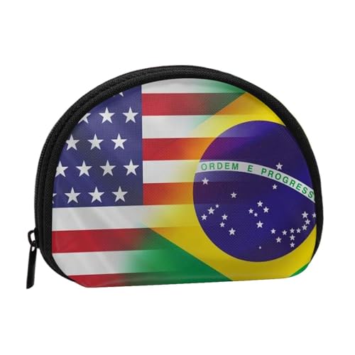 Mini-Münzen-Aufbewahrungstasche mit amerikanischen und brasilianischen Flaggen, Volldruck-Design, Polyesterfaser-Material, kompakte Größe, praktisch und vielseitig, Schwarz , Einheitsgröße