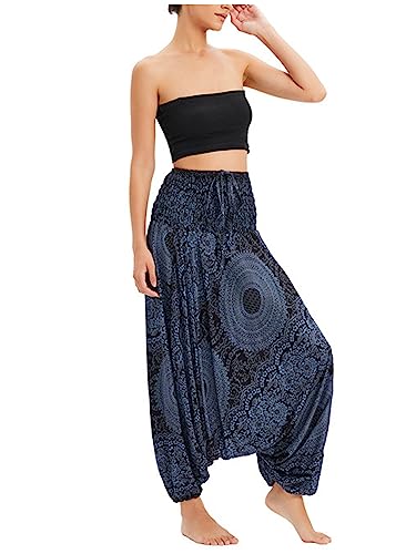 Damen Haremshose Goa Hose Pluderhose Yoga Hose Aladinhose mit Tiefem Schritt Muckhose Freizeithose Pumphose Jumpsuit Hohe Taille Elastischer Bund Weich Dünn Cool Atmungsaktiv Two Way to Wear - Schwarz