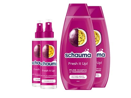 Schauma Sprühpflege Fresh it Up! (2x200 ml) Hitzeschutz intensive Geschmeidigkeit & Pflege-Shampoo Fresh it Up! Passionsfrucht (2x400 ml) für fettigen Ansatz & trockene Spitzen