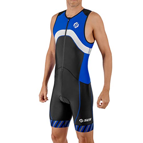 SLS3 Triathlon Einteiler Herren | FX Trisuit | 2 Taschen | Wettkampf | Frontreißverschluss | Schwarz (Black/Blue Stripes, M)