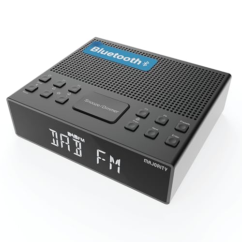 MAJORITY Bluetooth DAB, DAB+ Radiowecker | Nachttischradio mit Doppelalarm, Snooze-Funktion, großes dimmbares Display | High-Fidelity-Klang, USB-Ladung | FM, Kopfhöreranschluss Knapwell