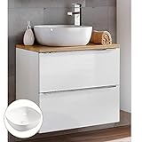 Lomadox Badezimmer Waschtisch Set mit 60cm Keramik-Aufsatzwaschbecken, Hochglanz weiß & Wotaneiche, Breite 60cm